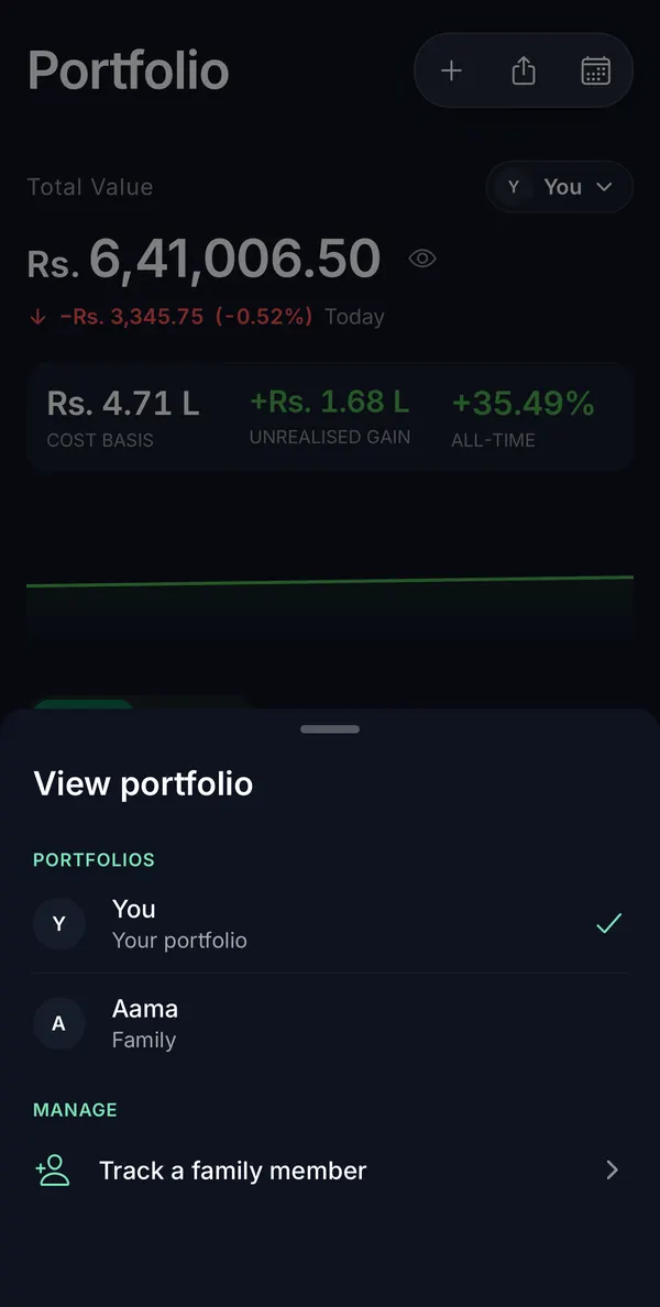 Punji app Portfolio with the portfolio switcher open: you, a family member, and a way to manage family