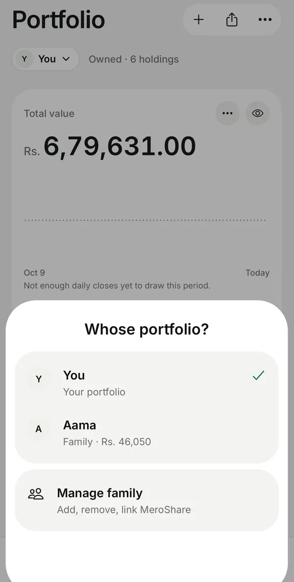Punji app Portfolio with the portfolio switcher open: you, a family member, and a way to manage family