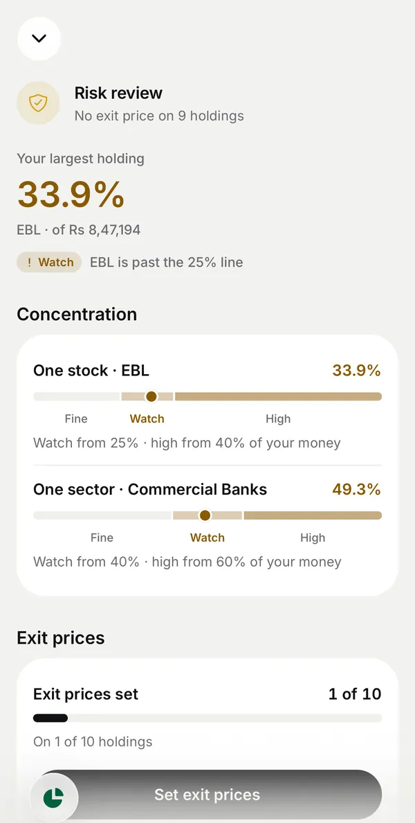 Punji app Risk review: the largest holding, one stock and one sector on a Fine, Watch and High scale, and exit prices set