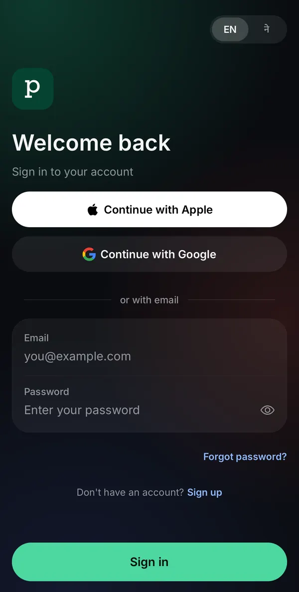 Punji app sign-in: continue with Apple, continue with Google, or an email and password