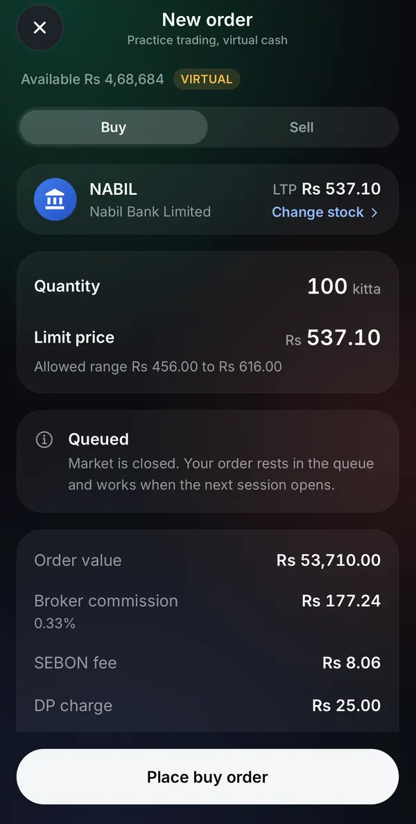 Punji app virtual order ticket: quantity, limit price in the allowed range, and the broker commission, SEBON fee and DP charge