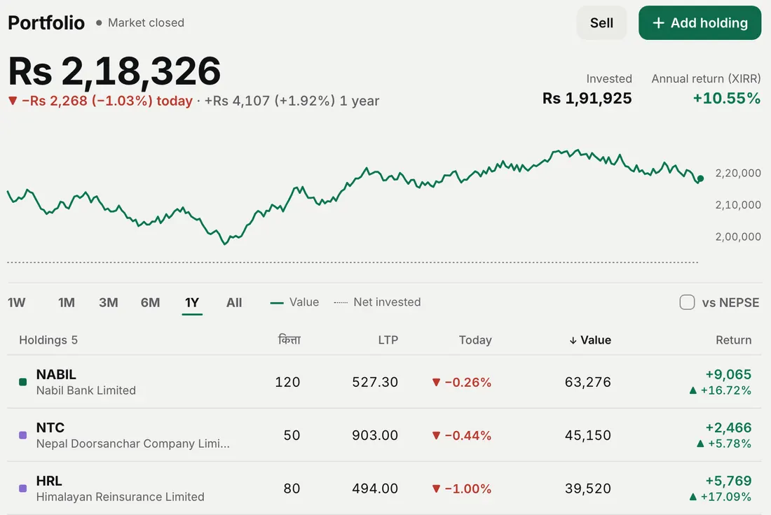 Punji web portfolio: value, a year of performance and five holdings with their return, sample data