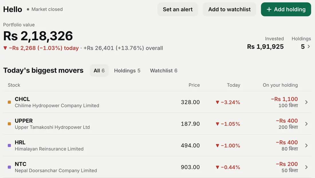 Punji web overview: portfolio value and the day’s biggest movers in your holdings, sample data