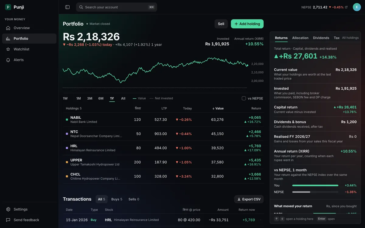 Punji web portfolio showing holdings, performance and allocation with sample data