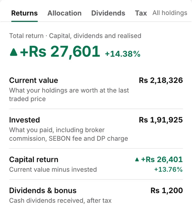 Punji web returns panel: total return, current value, invested, capital return and dividends received, sample data